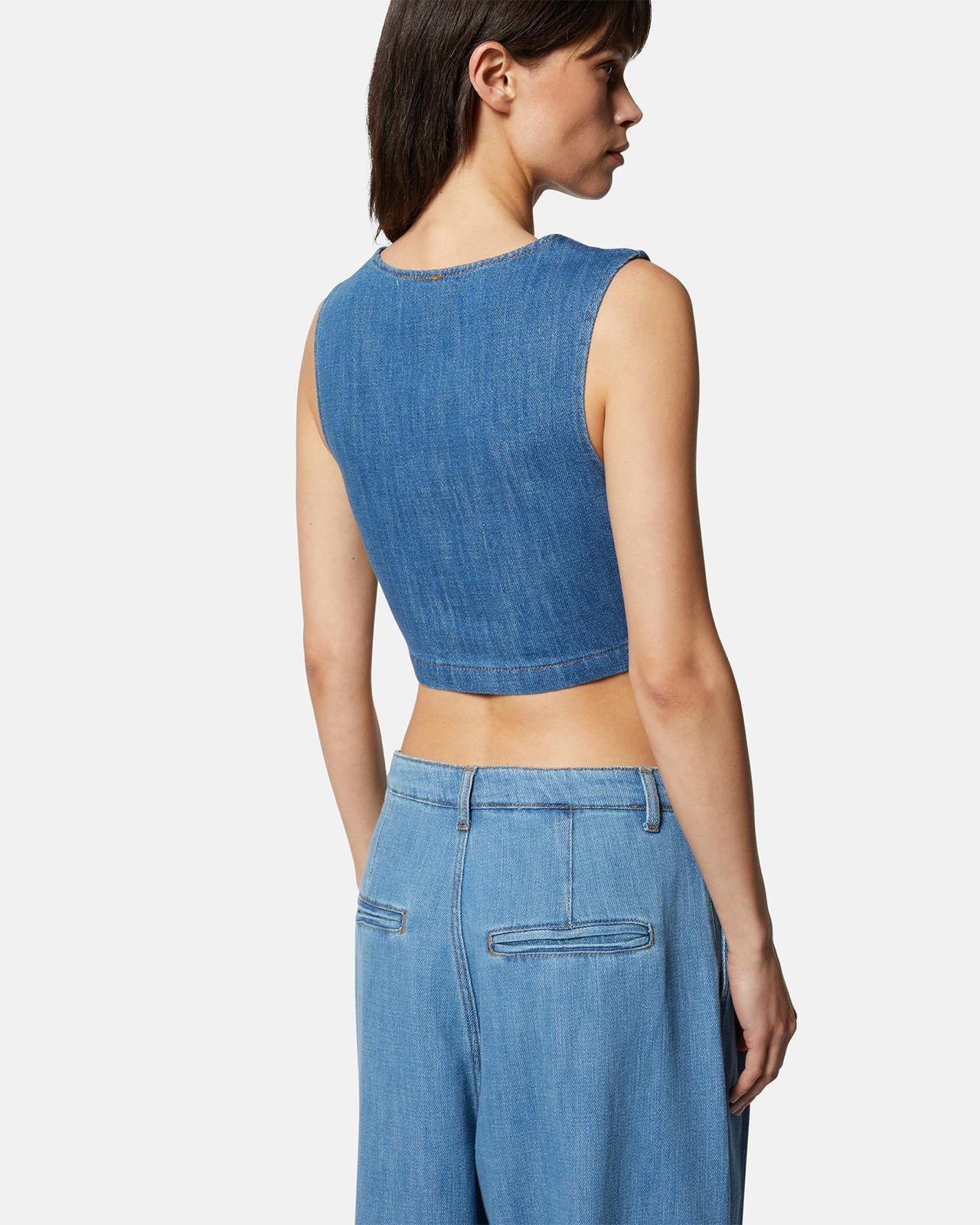 Top Silvian Heach cropped in denim con nodo donna