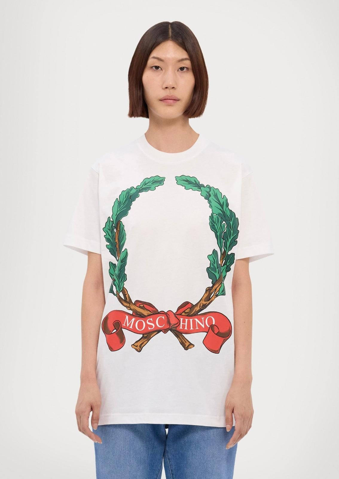 T-Shirt Moschino girocollo "Laurel Crown" stampata