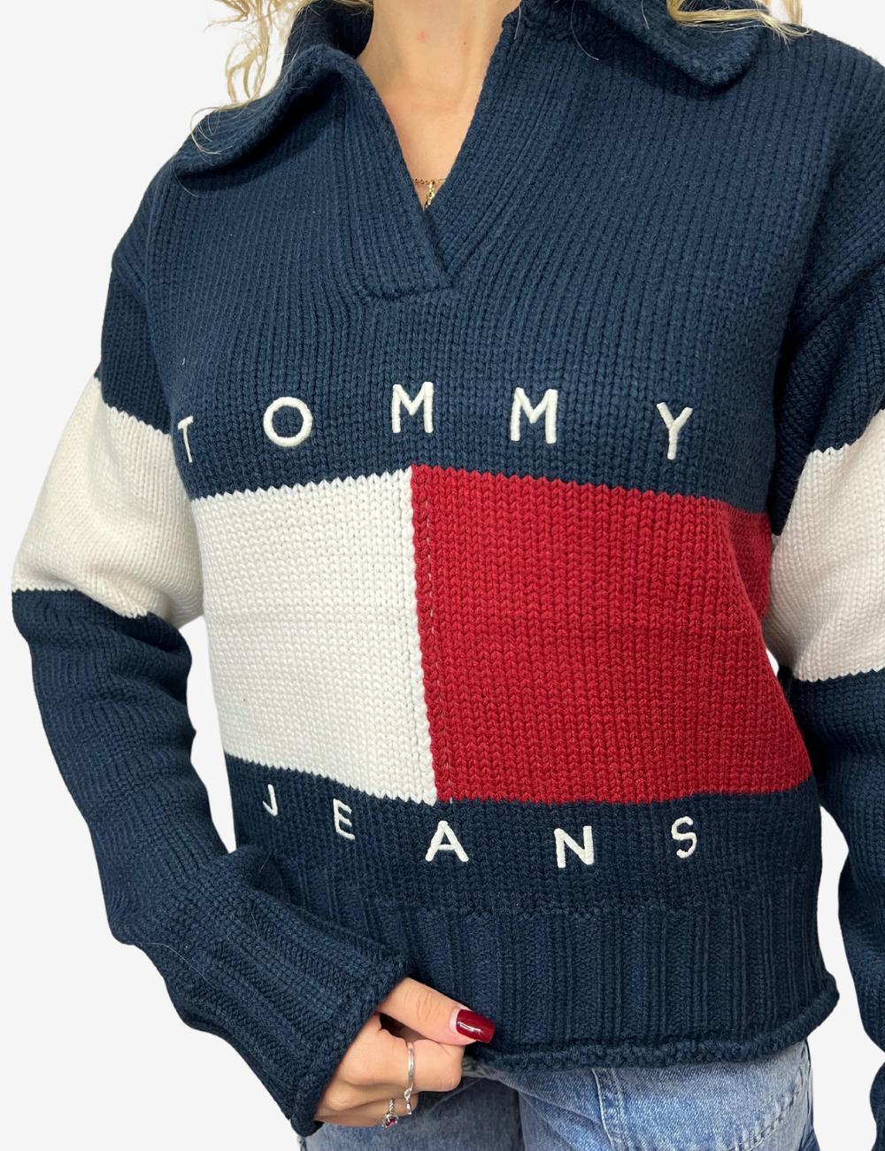 Maglia Tommy Jeans con scollo a V e motivo color block donna