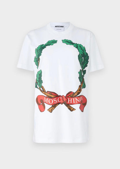 T-Shirt Moschino girocollo "Laurel Crown" stampata