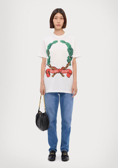 T-Shirt Moschino girocollo "Laurel Crown" stampata